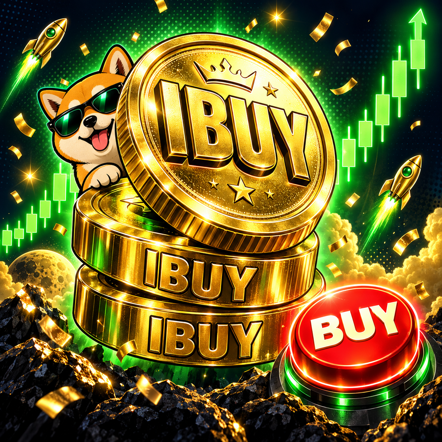 Stack of gold IBUY coins with green candles